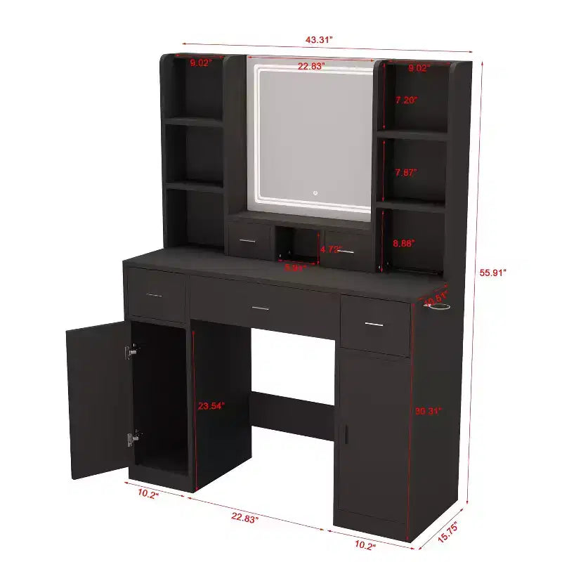 Vanity Table with LED Lights, 5 Drawers, 6 Shelves & Dressing Pad