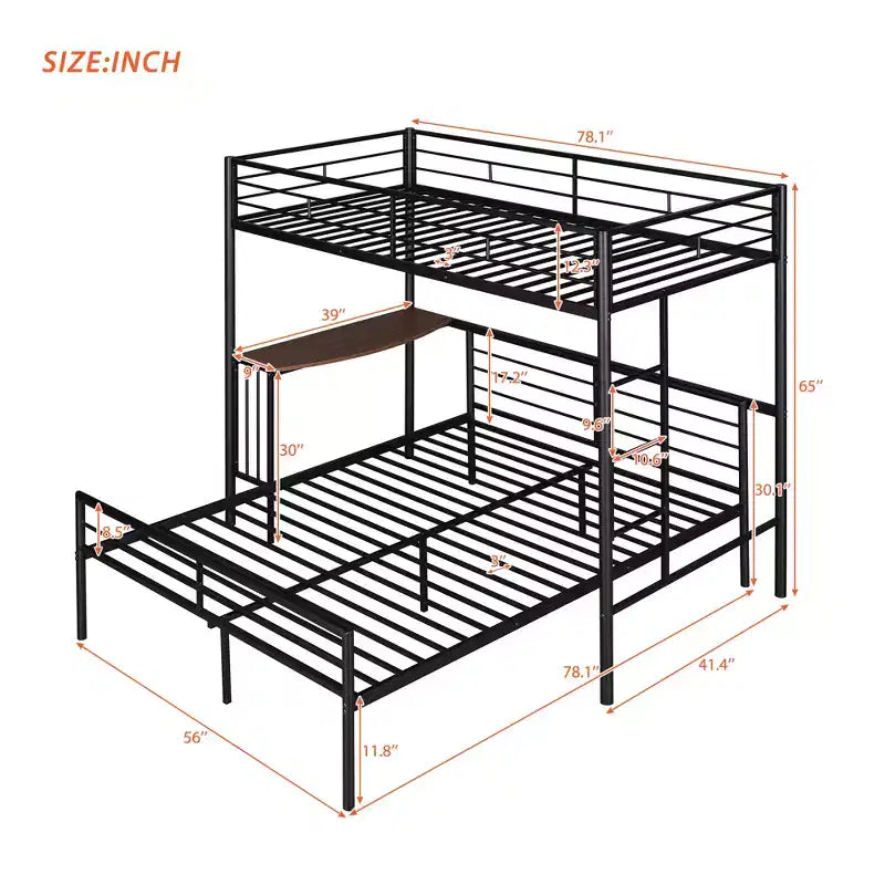 Twin over Full Metal Bunk Bed Frame with Desk, Twin Size Loft Bed with Separate Full Size Lower Bed for Kids