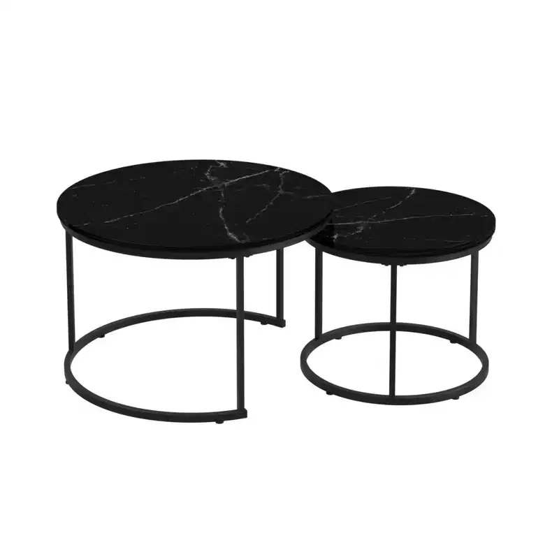 Nesting Coffee Table Set of 2, 27.6inch Round Coffee Table Wood Marble Pattern Top with Sturdy Metal Frame, End Table Side Tables