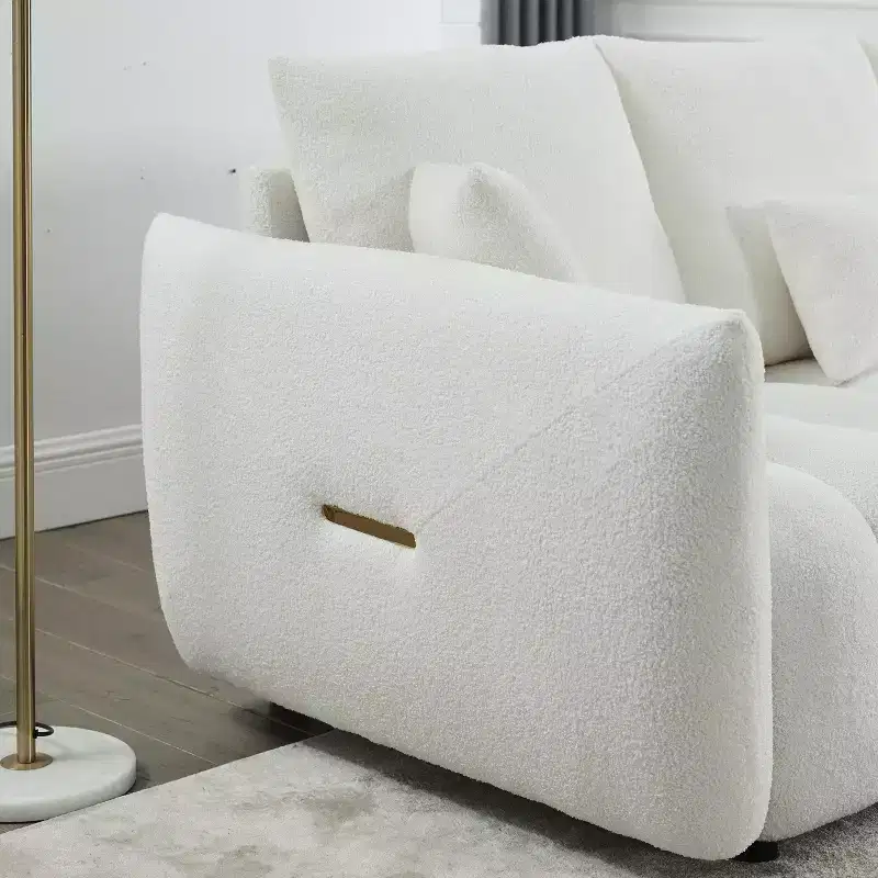 3-seater Upholstered Sofa Couch, Teddy Fabric Sofa with 3 Back Pillows