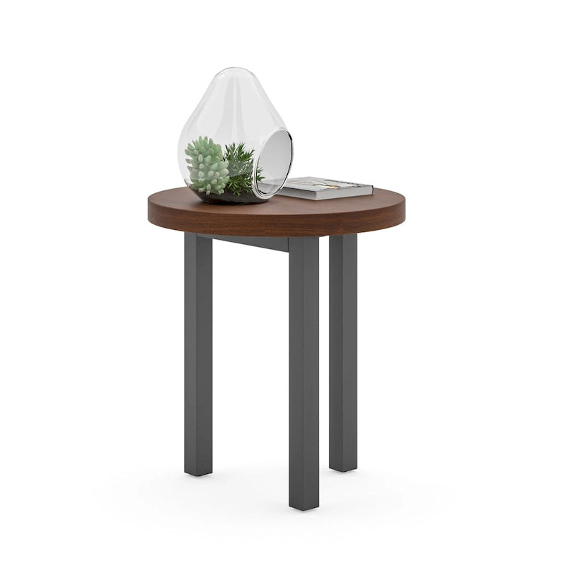 Round Walnut Veneer End Table with Three-Leg Wood Base �� Brown