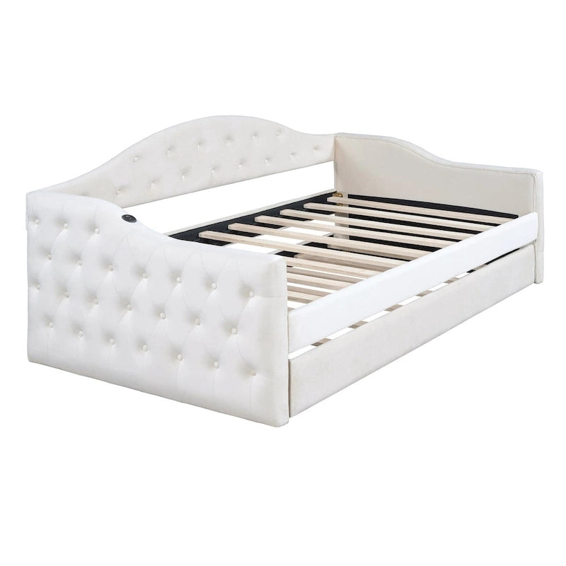 Twin Size Tufted Upholstered Daybed with Trundle �C Velvet Sofa Bed with USB & Type-C Charging Ports, No Box Spring Needed