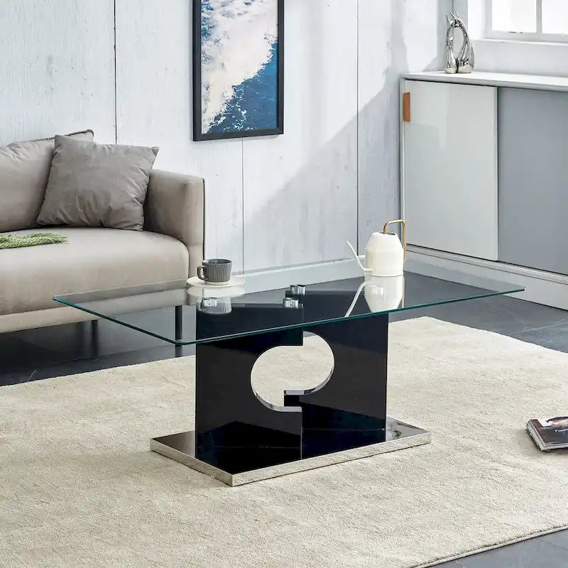 47.2x25.5x18 Rectangular Modern Coffee Table with Tempered Glass Top and Black MDF Legs