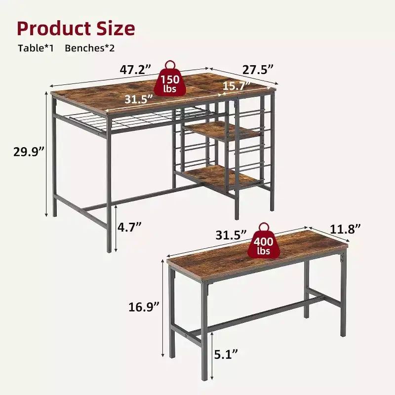 4-Piece Dining Table Set with 2 Benches, Wine Rack & Storage Shelf, Kitchen Dining Room Table for Small Spaces