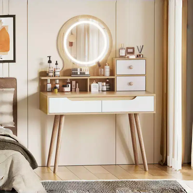 GDFStudio Kael Modern Mirror Makeup Vanity Table with Adjustable Light, 4 Drawers and 3 Open Shelves
