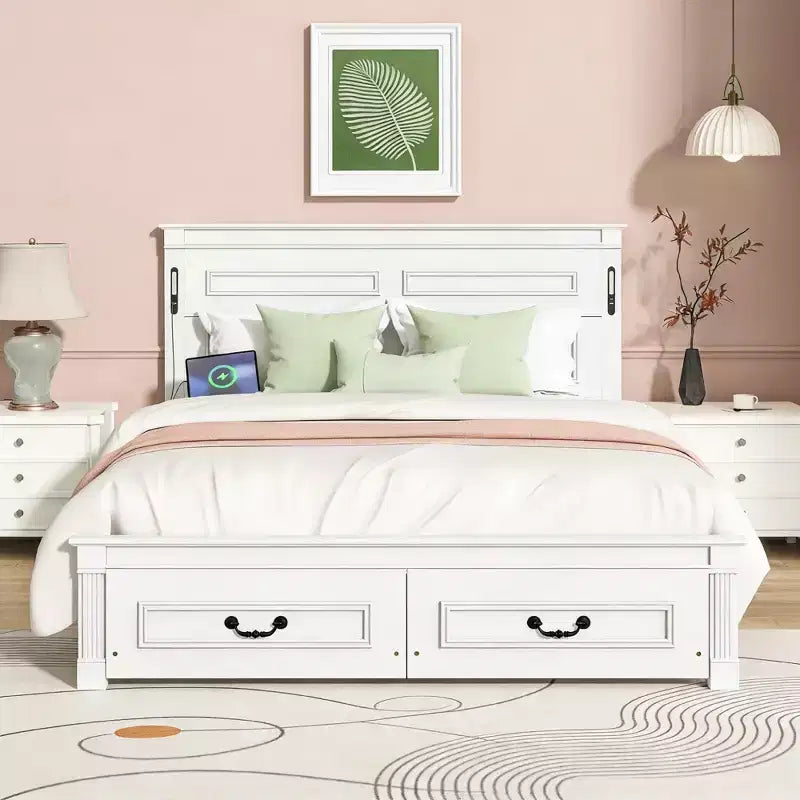 Luxystar Modern Wooden Bed with Tall-Panel Headboard, Footboard, 2 Storage Drawers and Lights