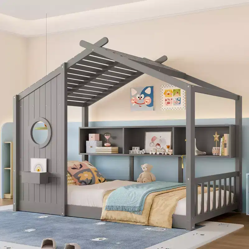 Twin Size Montessori Floor House Bed with Storage Shelf & Roof Design, Solid Pine Wood