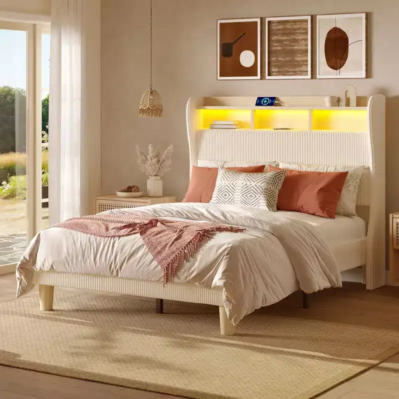 Bestier Queen/King Bed Frame with Tall Headboard Storage, Corduroy Upholstered Queen Size Platform Bed with LED & Charging Station, Off-White