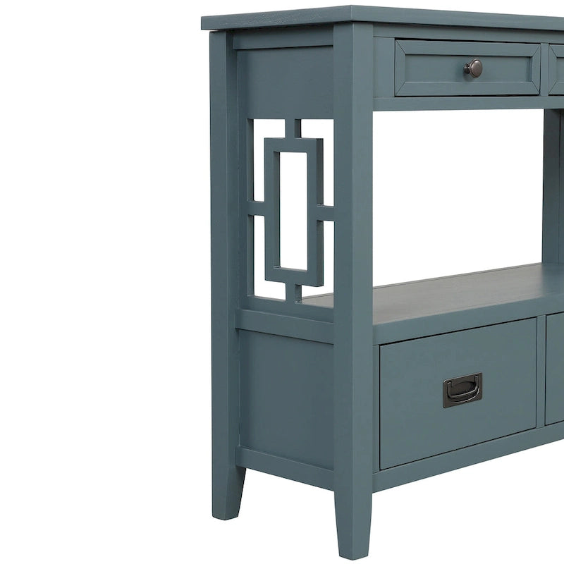 36 in. Farmhouse Pine Wood Console Table with 4 Drawers and Open Shelf