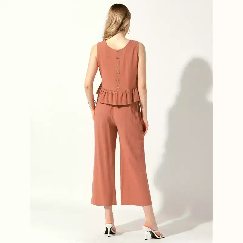Allegra K Women's Summer Linen Crop Tank Tops Lounge Matching Sets Long Track Pants Trousers Tracksuits