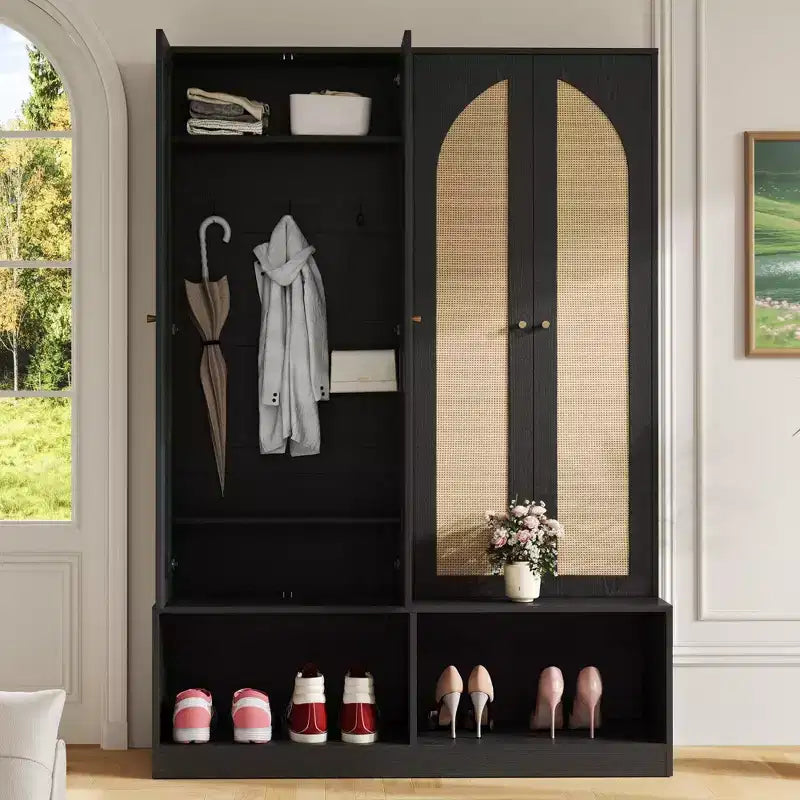 Farmhouse Shoe Cabinet, Freestanding Shoe Organizer with 4-In-1 Seating Bench and 6 Hooks for Entryway, Living Room, Hallway