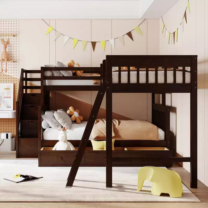 Whisen Stylish Design Twin over Full L-Shaped Bunk Bed With 3 Drawers, Ladder and Staircase