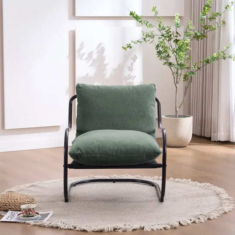 Modern Curved Accent Chair with Linen Upholstery Metal Frame Cushions