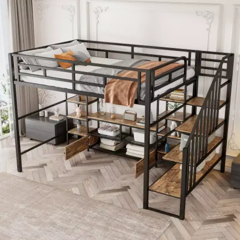 Full Size Metal Loft Bed with Staircase Storage Table and Shelves