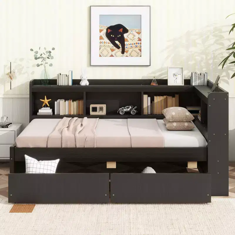 MAYEERTY Twin L-shaped Bookcase Bed with Pink Wood Frame Two Drawers for Bedroom Brown