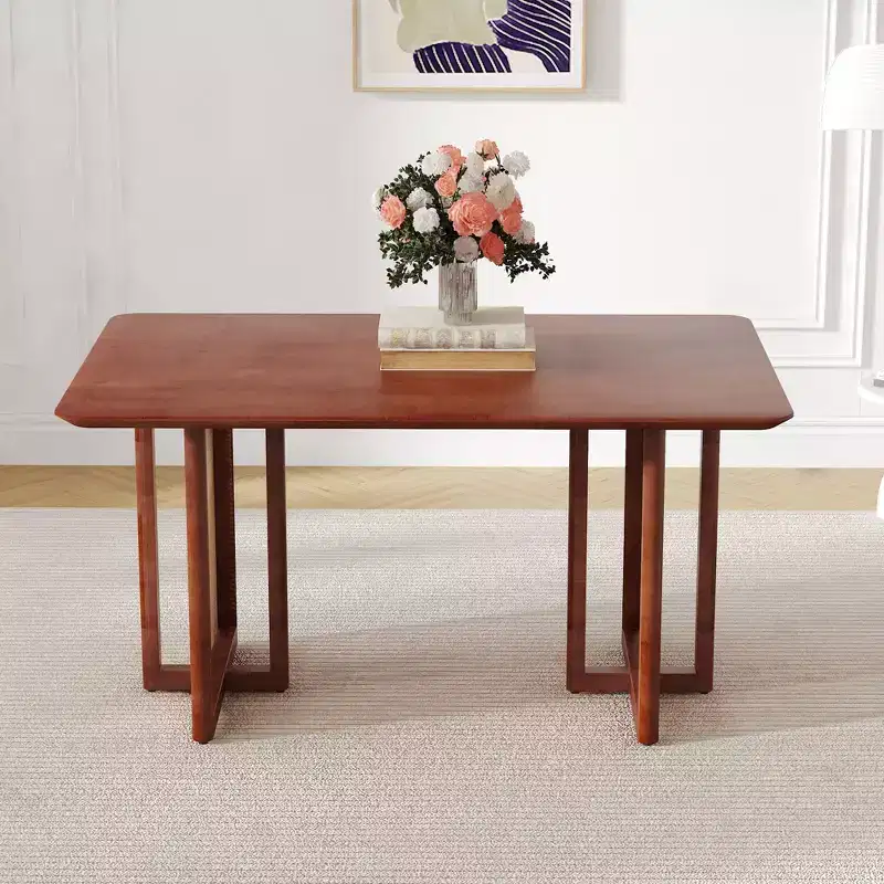 Retro Wood Dining Table with Imitation Rattan Design for Dining Room, Living Room, Office