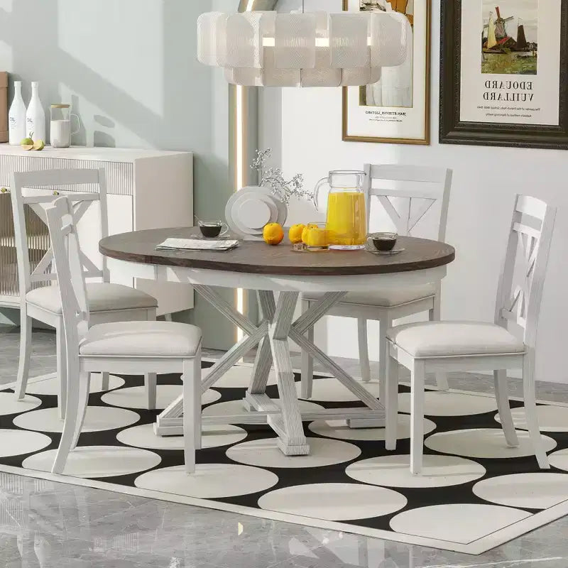 ModernLuxe 5 Piece Extendable Dining Table Set for 4, Farmhouse Dining Set with 4 Upholstered Dining Chairs, Vintage Retro, Brown+Antique White/Grey