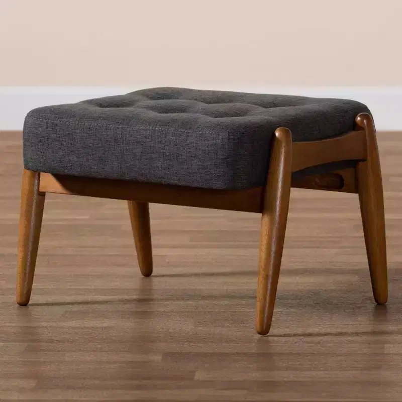 Jeanine Fabric and Wood Ottoman Footstool Dark Gray/Walnut Brown - Baxton Studio: Japandi Inspired, Rubberwood Frame, Button-Tufted