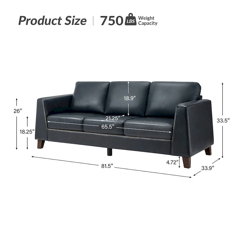 81.5 Inch Genuine Leather Tuxedo Arm Sofa with Solid Wood Legs
