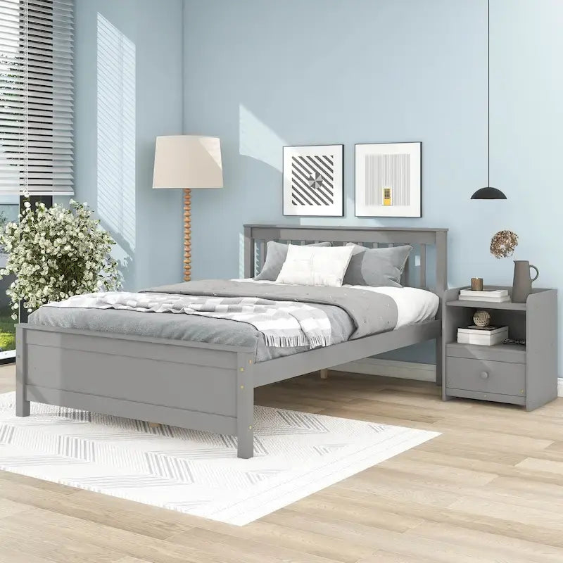 Full Size Pine Platform Bed | Slatted Headboard & Footboard | Grey | 10-Slat Frame