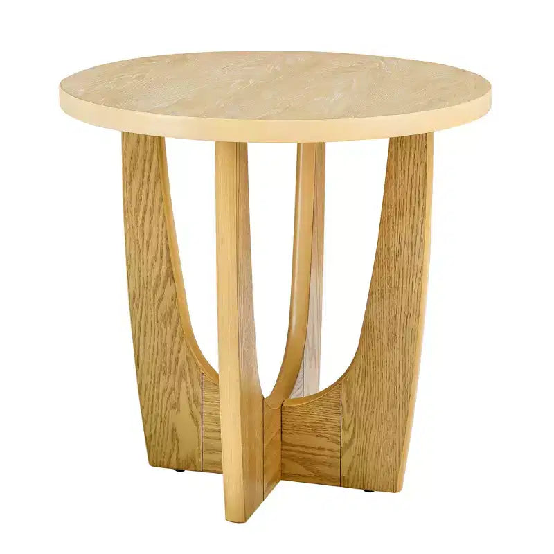 Farmhouse Wood End Table, 25 Round Coffee Table, X-Leg Support, Contemporary Nightstand for Small Spaces, Living Room, Bedroom, Oak