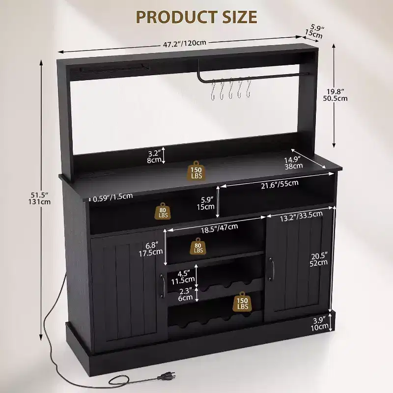 Modern Black Bar Cabinet with Wine Storage, Adjustable Shelves & Cup Rack - Kitchen Dining Room Coffee Bar Organizer