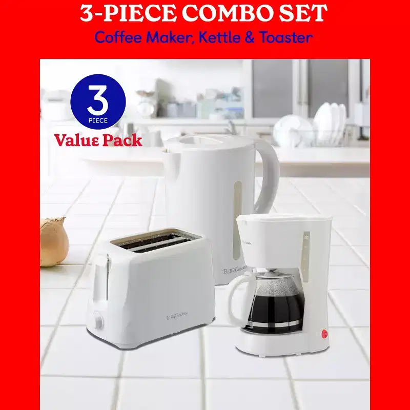 Betty Crocker 3-Piece Kitchen Appliances Set: 5-Cup Automatic Drip Coffee Maker, 1.7L Electric Kettle & 2-Slice Toaster, BC-4995W, White