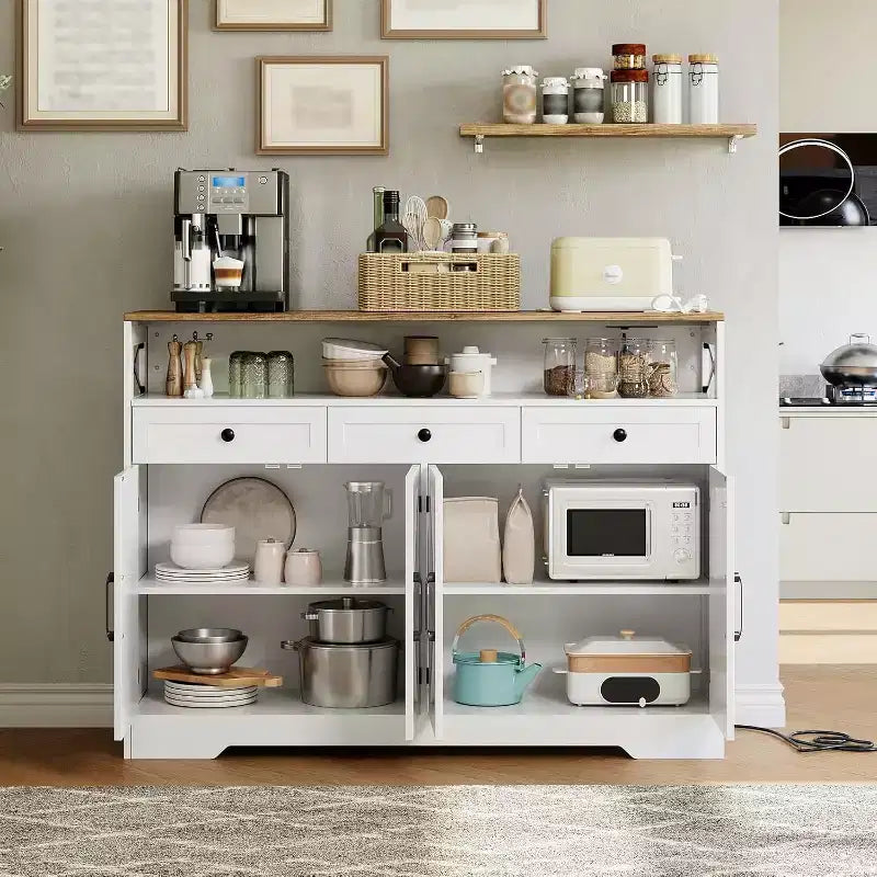 3-Drawer 4-Door Sideboard | White Particleboard | For Kitchen, Dining Room