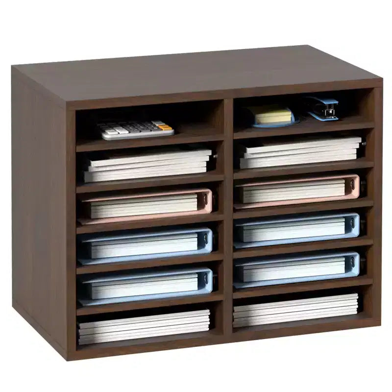 12-Compartment Wood Literature Organizer & Office Mailbox with Adjustable Shelves