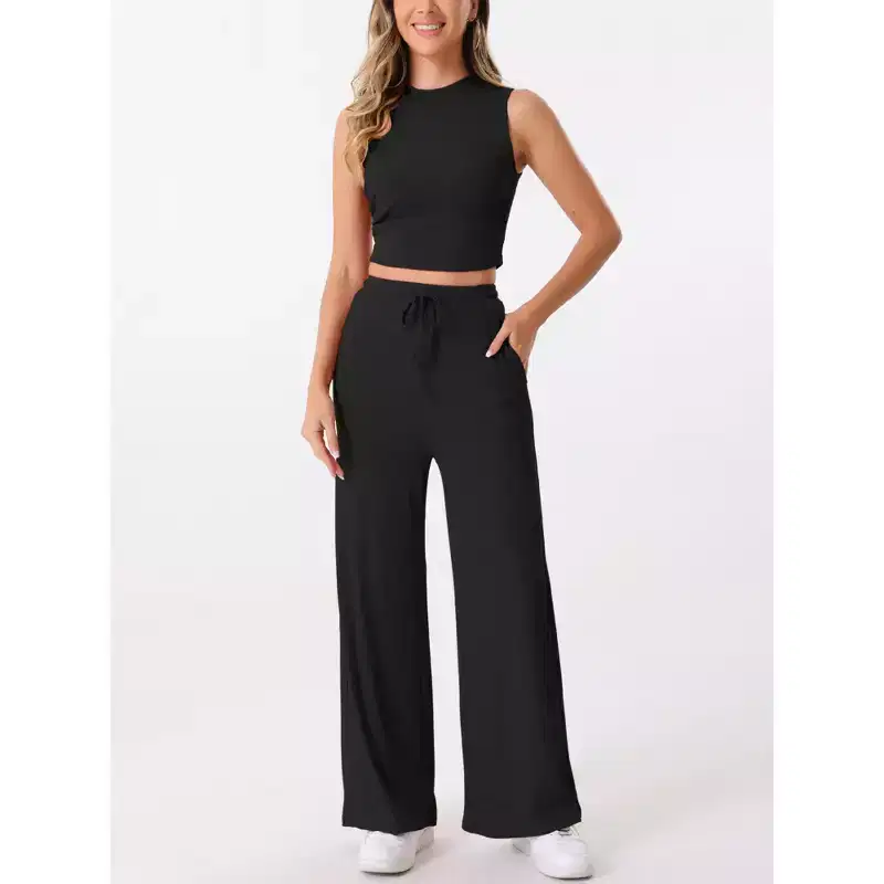 Allegra K Women's 2 Piece Crew Neck Sleeveless Crop Tank and Wide Leg Pants Summer Lounge Set