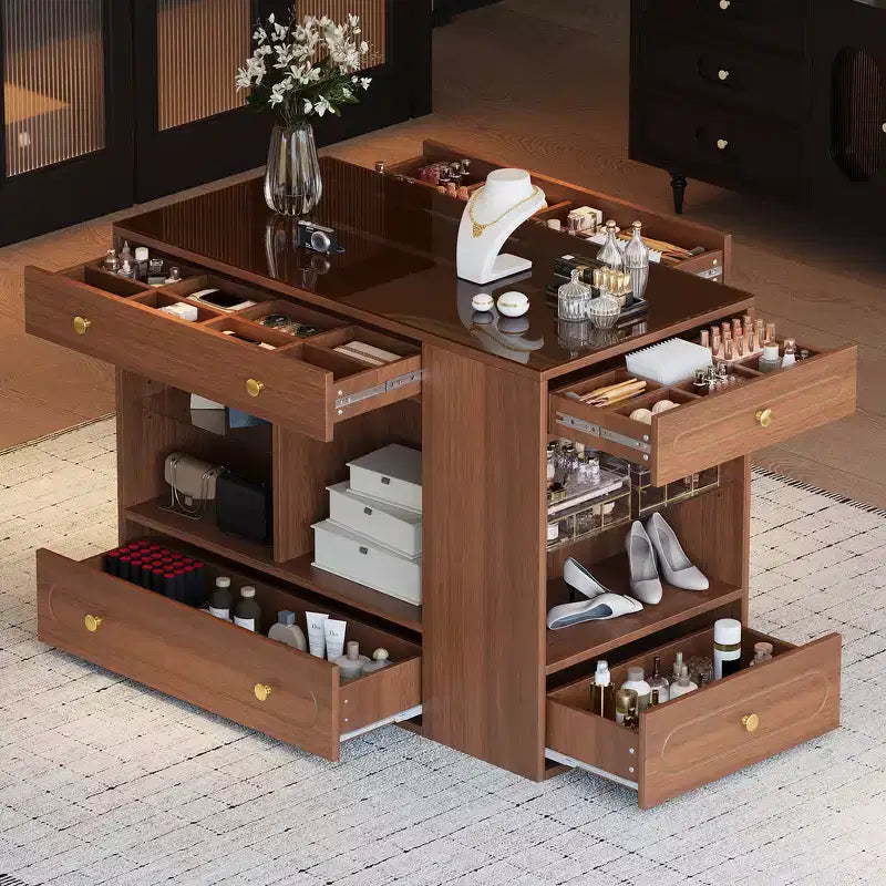 Closet Island with 6 Drawers, Glass Display Top & Open Shelves