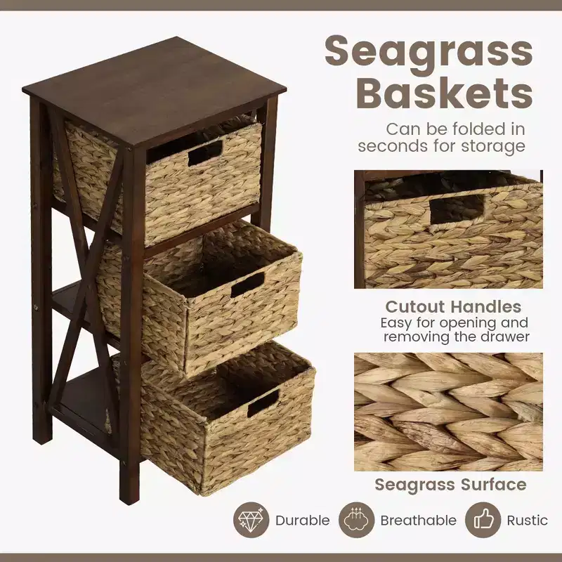 Costway 1/2 PCS 3-Tier Nightstand with 3 Seagrass Baskets Rubber Wood X-Shaped Frames 3 Drawers