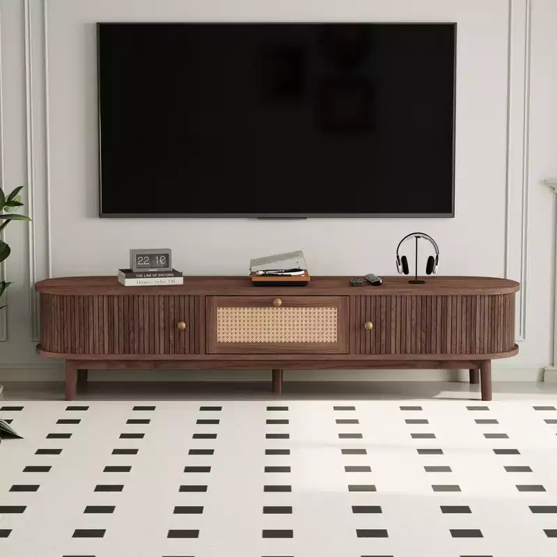 Modern 75 TV Stand with Rattan Drawer & Sliding Doors, Stylish Media Console Wood Entertainment Center with 2 Storage Cabinets, Dark Brown