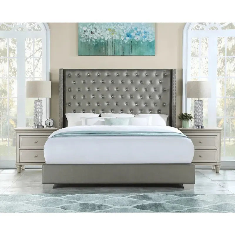 Gray Faux Leather Upholstered Tufted Bed