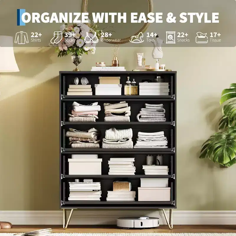 5-Drawer Fluted Dresser, Tall Wave Pattern Vertical Organizer for Bedroom, Black
