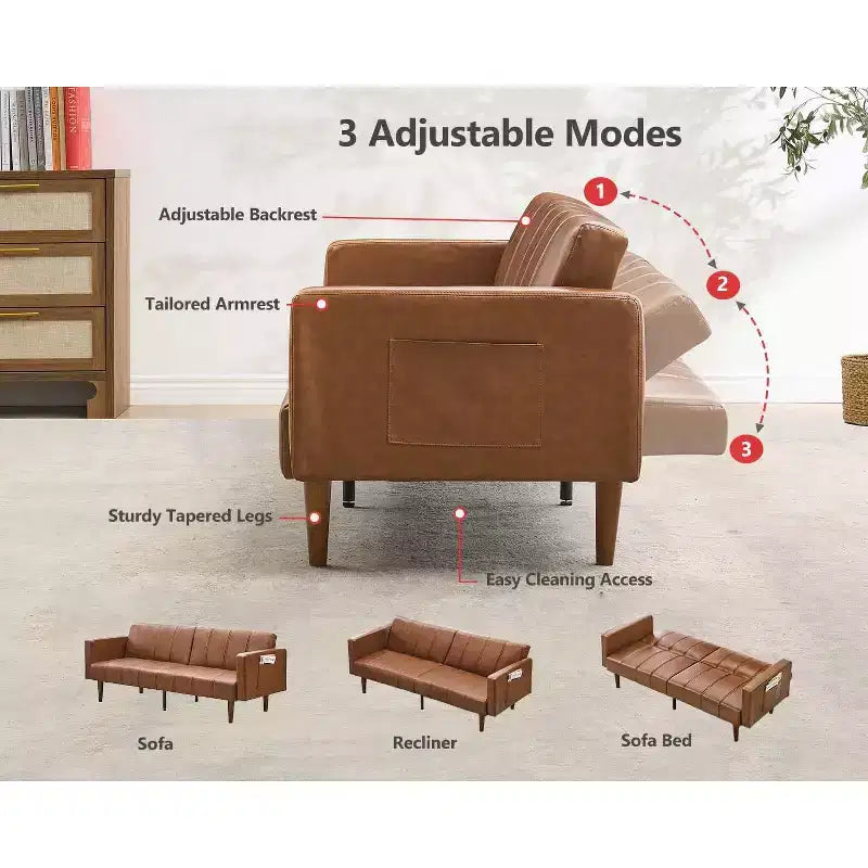 75 inch Futon Sofa Bed, Mid-Century Modern Futon Couch, Convertible Sleeper Sofa with Adjustable Backrest,Loveseat with Side Pockets, PU Leather Sofa