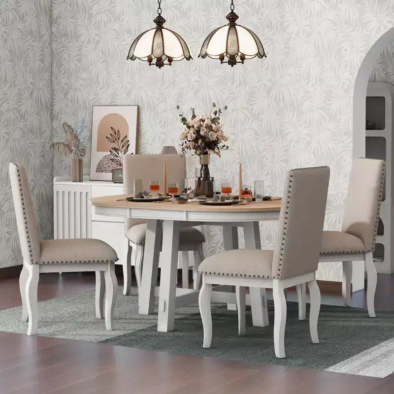 5 PCS Round Wood Extendable Dining Table Set with 4 Upholstered Dining Chairs-ModernLuxe