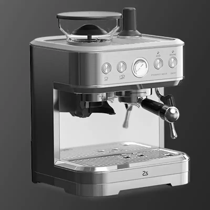 Silver-plated bean-to-cup espresso machine with stainless steel construction, featuring a milk carafe, suitable for espresso and lattes.
