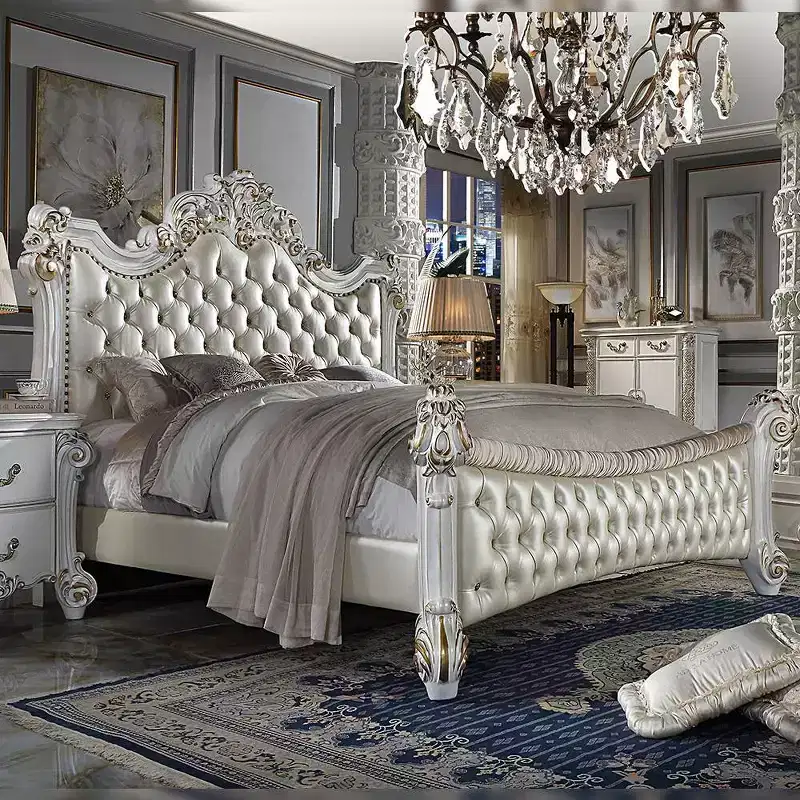 96" Eastern King Bed Vendome Antique Pearl Finish - Acme Furniture: Luxury Upholstered Tufted Headboard, Faux Leather, Glam Style