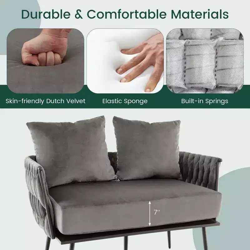 Costway Modern Loveseat Sofa Upholstered Dutch Velvet Couch with Woven Back & Arms Green/Grey