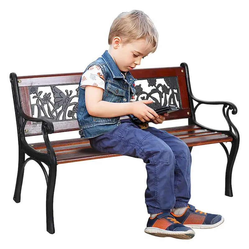 MAISON ARTS Outdoor Garden Bench for Children, 33 L Metal Bench with Wood Seating & Floral Pattern Back