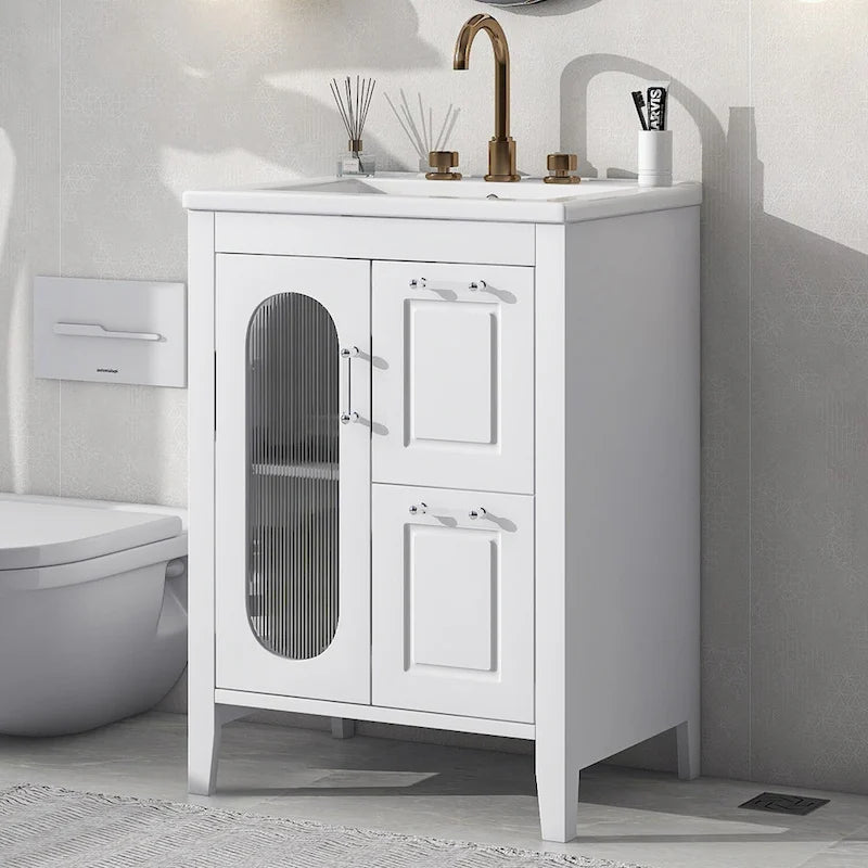 Bathroom Vanity Cabinet with Ceramic Sink Two Drawers and Storage Door