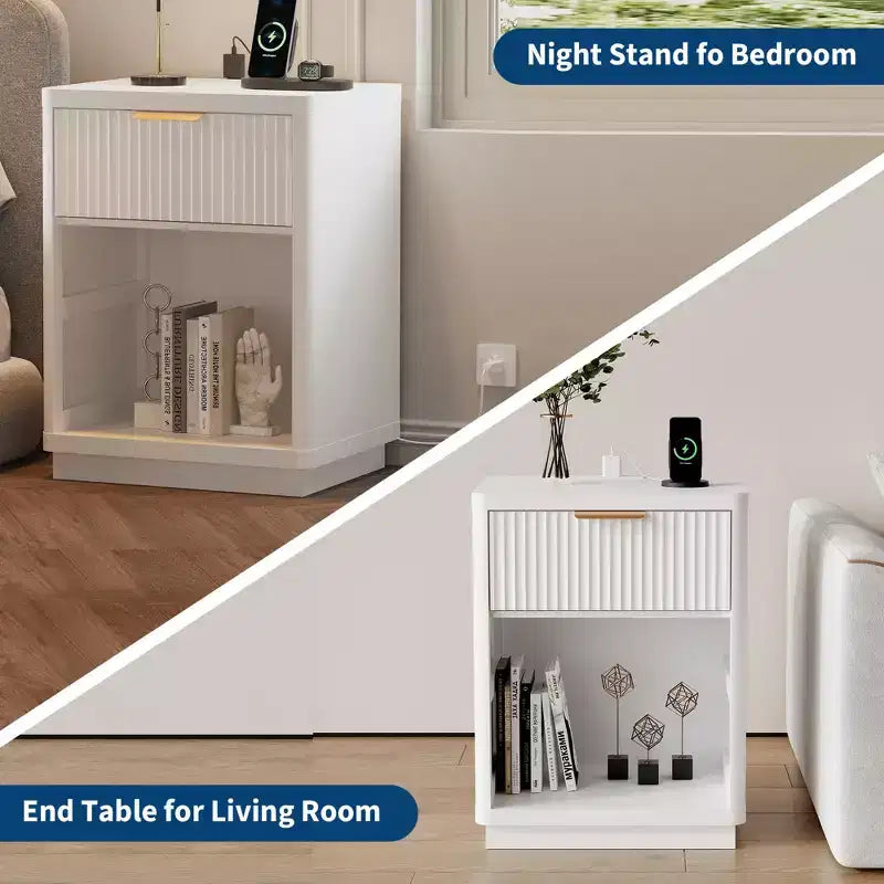 Fluted Nightstand with Charging Station and Drawers