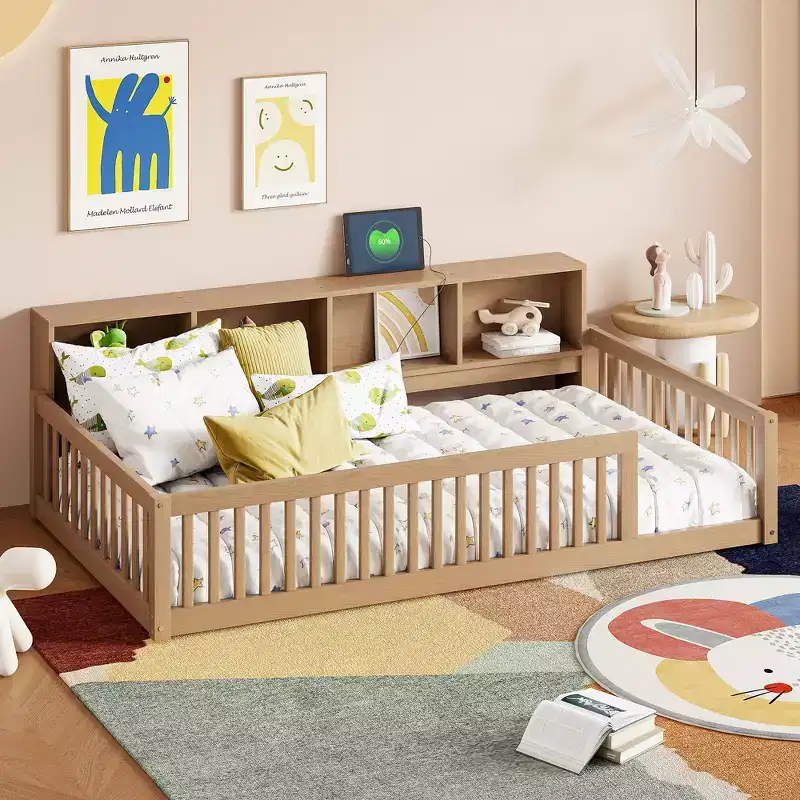 Bellemave Twin XL Floor Bed with Storage Cabinets and USB Charging Ports, Solid Wood Frame with Semi-Enclosed Fence, Easy Assembly, Brown