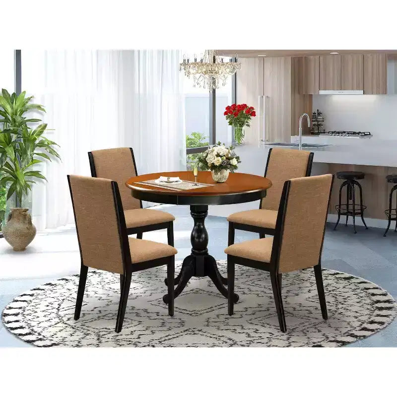 5-Piece Round Black and Cherry Finish Solid Wood Top Dining Table with 4 Upholstered Chairs