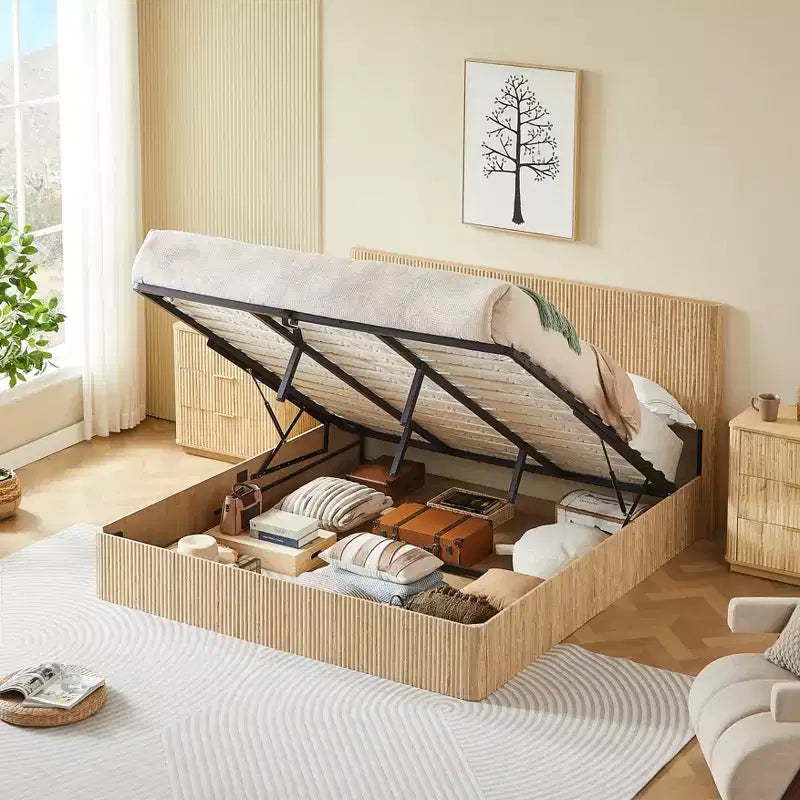 Queen/King Size Lift Up Storage Bed Frame Wood Platform Bed Frame with Corrugated Accents - ModernLuxe