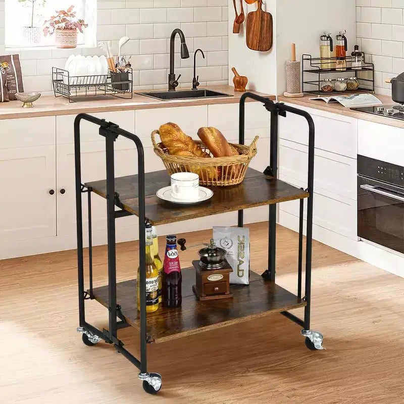 Costway 2-Tier Folding Bar Cart Kitchen Serving Island Utility Cart Storage Shelves