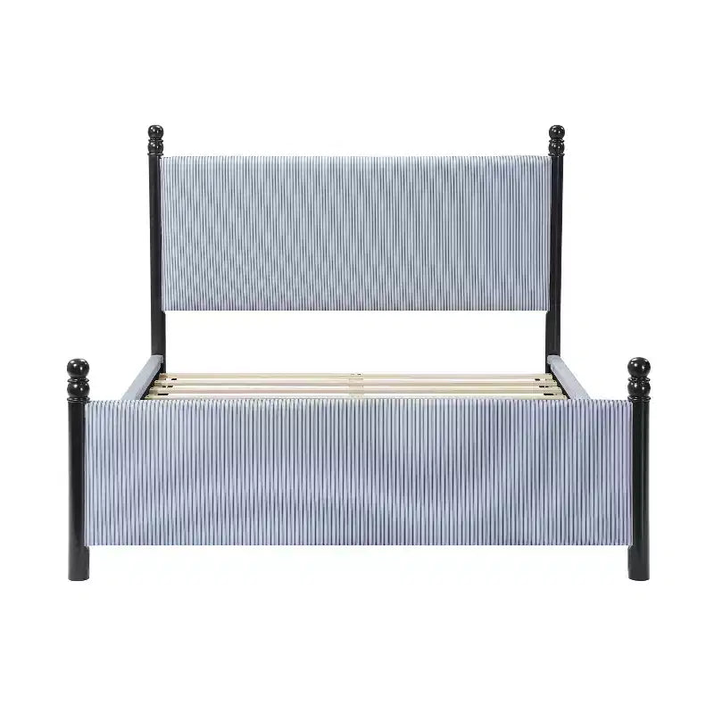 Queen/King Size Upholstered Platform Bed Frame with Padded Headboard, Sturdy Rubberwood Frame & Striped Design,Black + Blue White Stripes - ModernLuxe