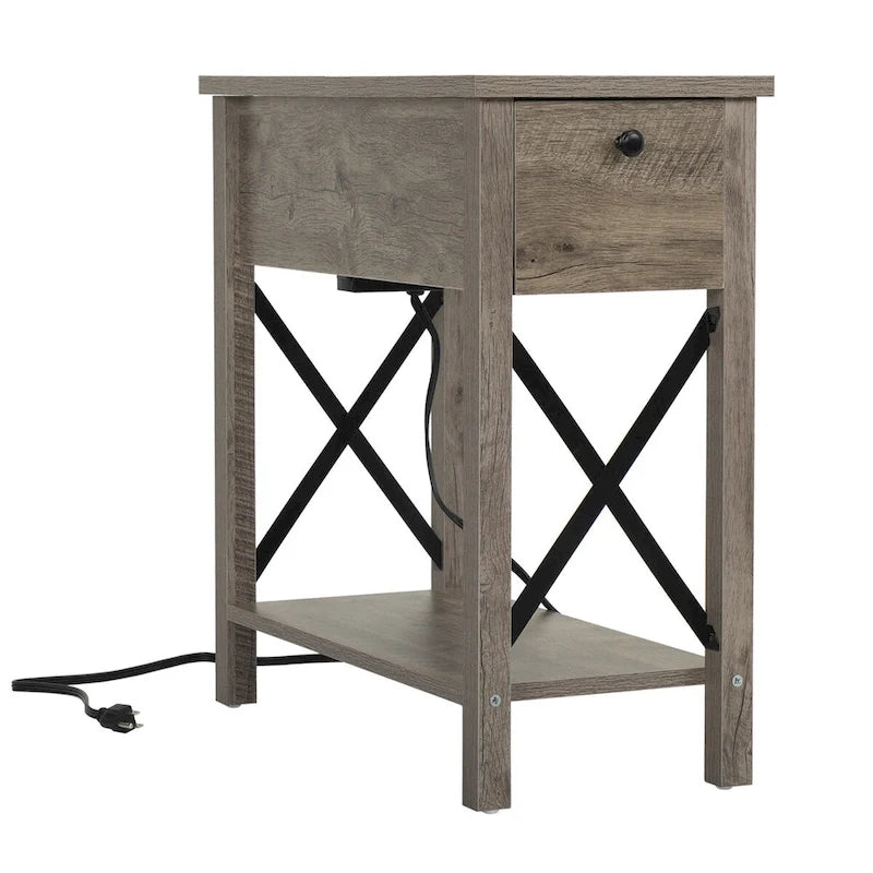 Farmhouse Flip Top End Table with Drawer, 2 AC Outlets & 2 USB Ports