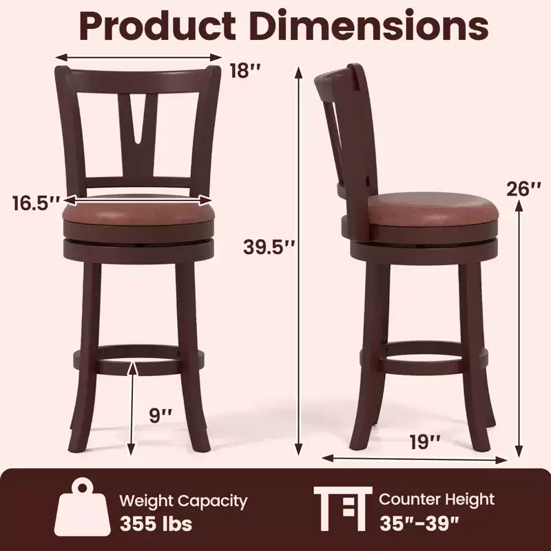 Costway 26 Counter Height Swivel Barstools Set of 2/4 High Backs & Footrests Solid Wood